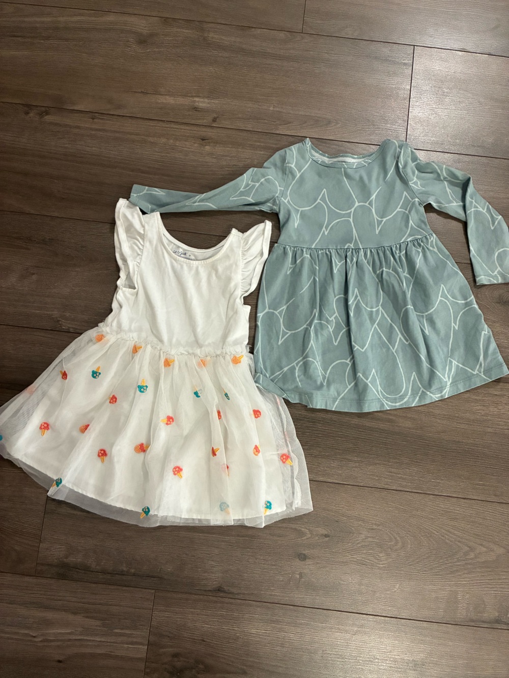 Cat & Jack White Tulle Floral Dress and Sage Green Long Sleeve Dress